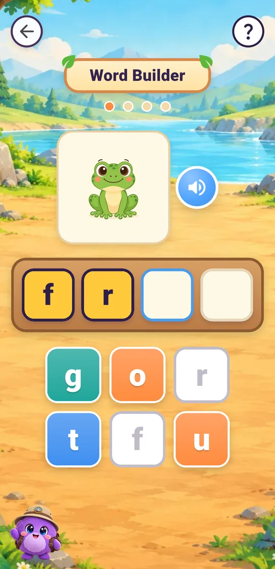 مركّب الكلمات: تركيب كلمة frog من بطاقات الحروف